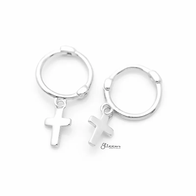 Sterling Silver One-Touch Hoop Earrings with Dangle Cross - Silver