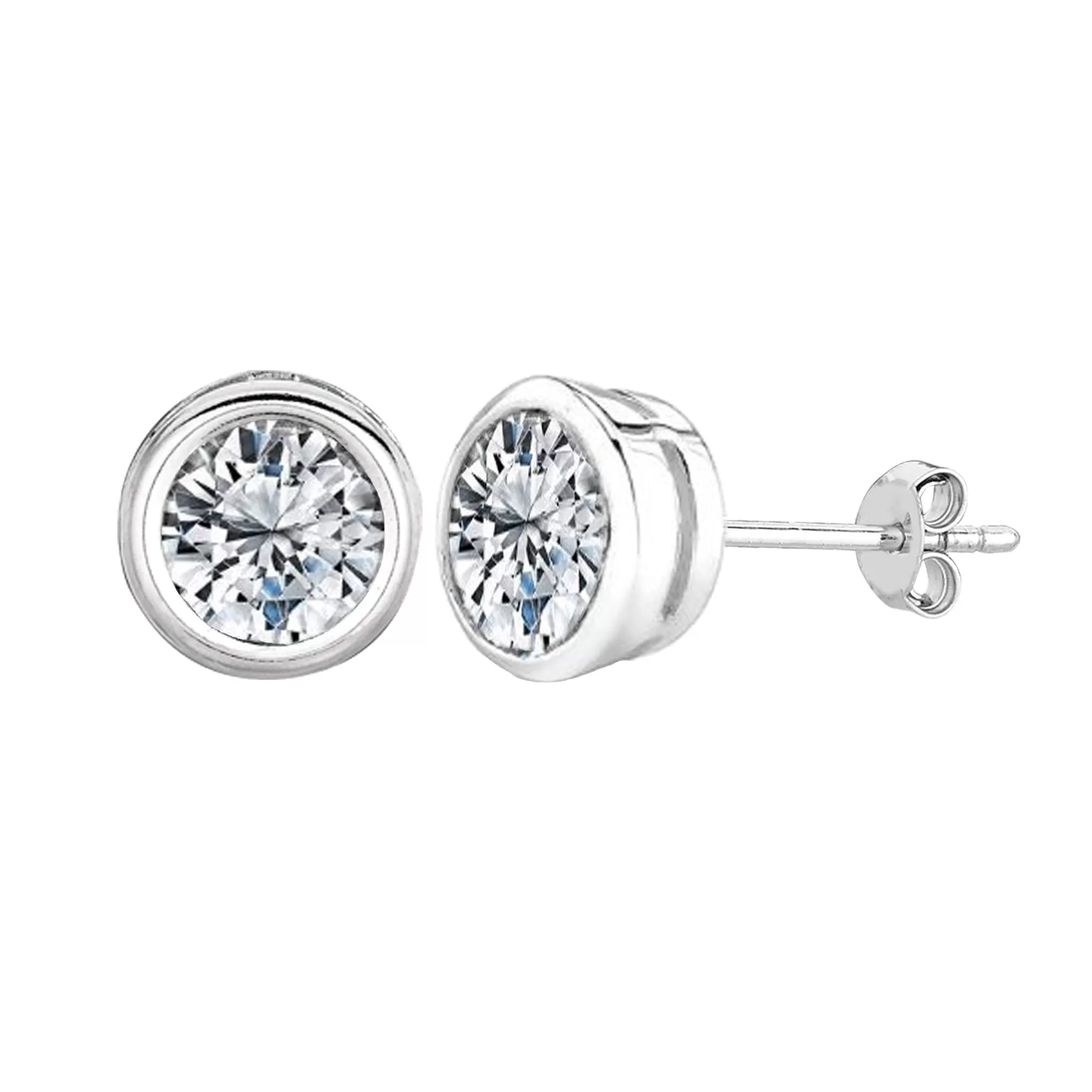 Sterling Silver Rhodium Finish Round Bezel Set Cubic Zirconia Stud Earring