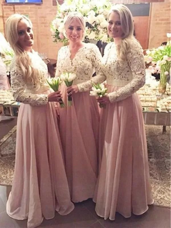 Stylish V-neck Floor-Length Long Sleeves Lace Chiffon Bridesmaid Dresses