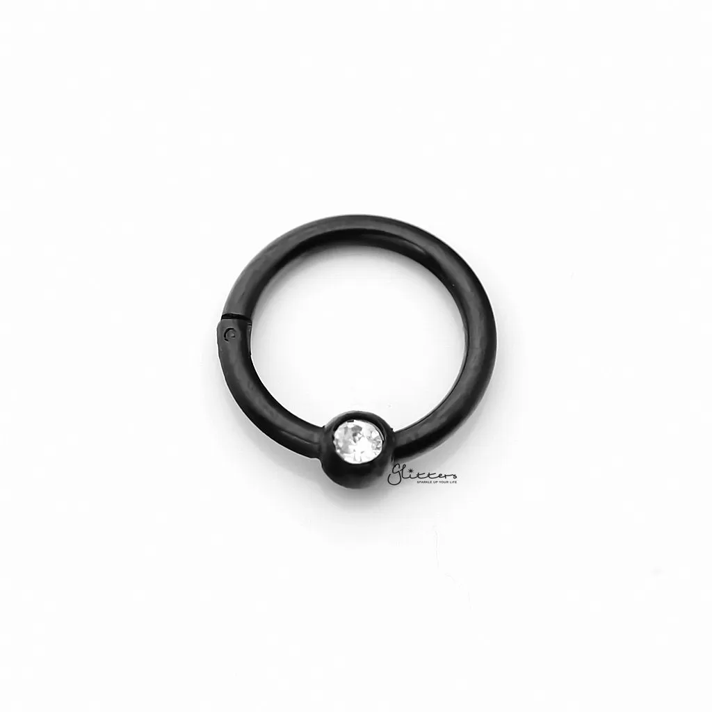 Surgical Steel Hinged Segment Hoop Ring with Clear Gem Ball - Black