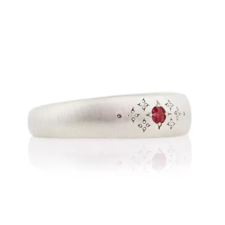 Tapered Silver Ring with Etched Ruby Center