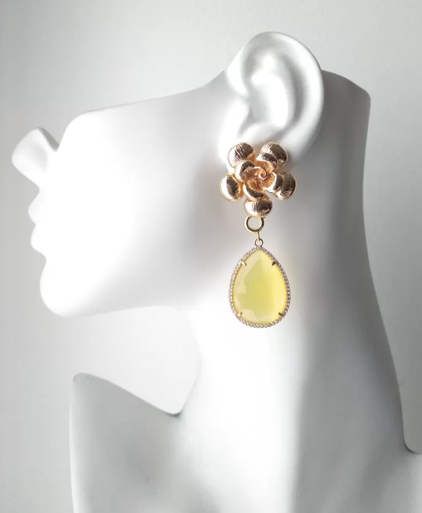 Textured Rose Studs with Haloed Canary Yellow Quartz Detachable Dangles