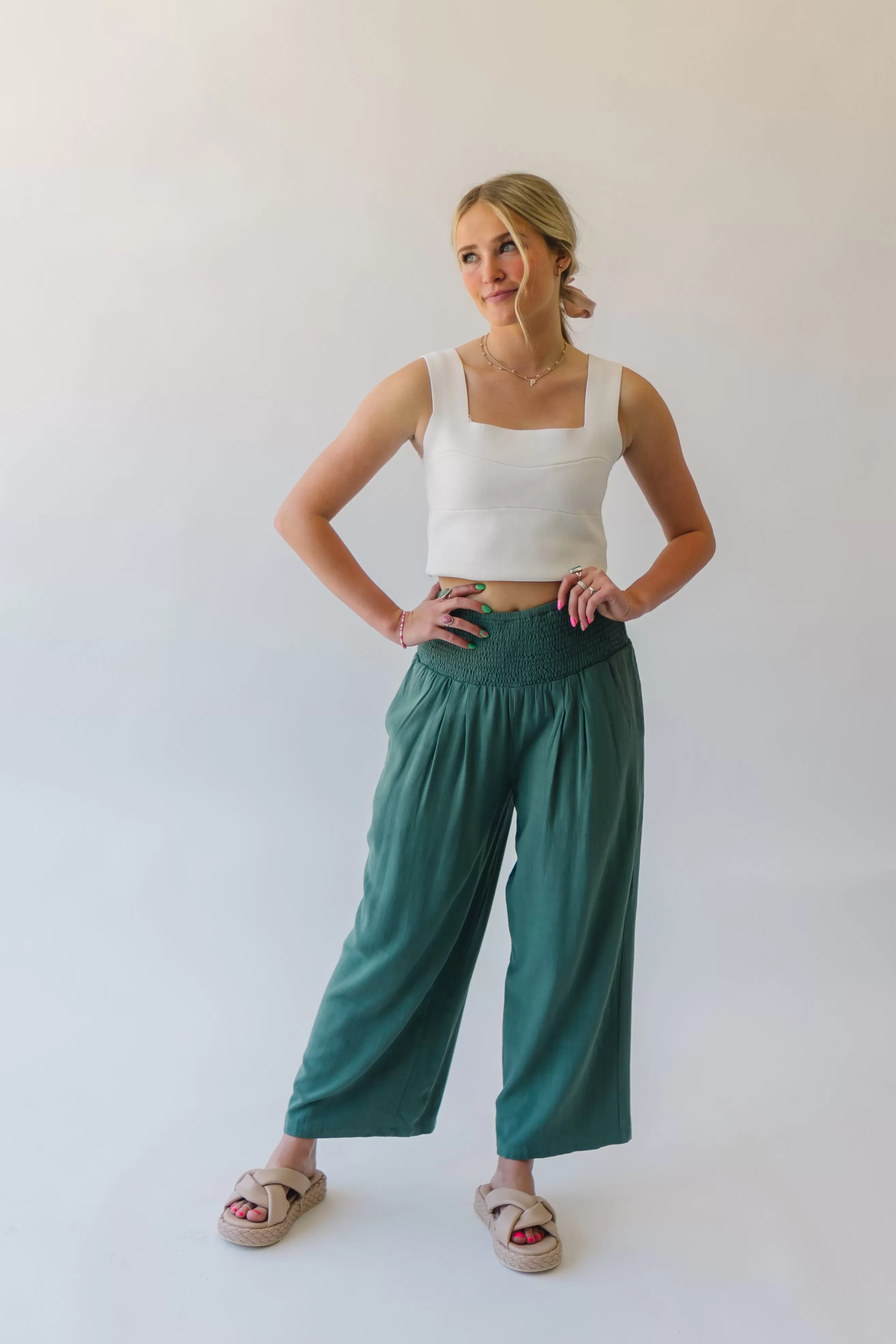 The Leawood Smocked Detail Pant in Sage Linen