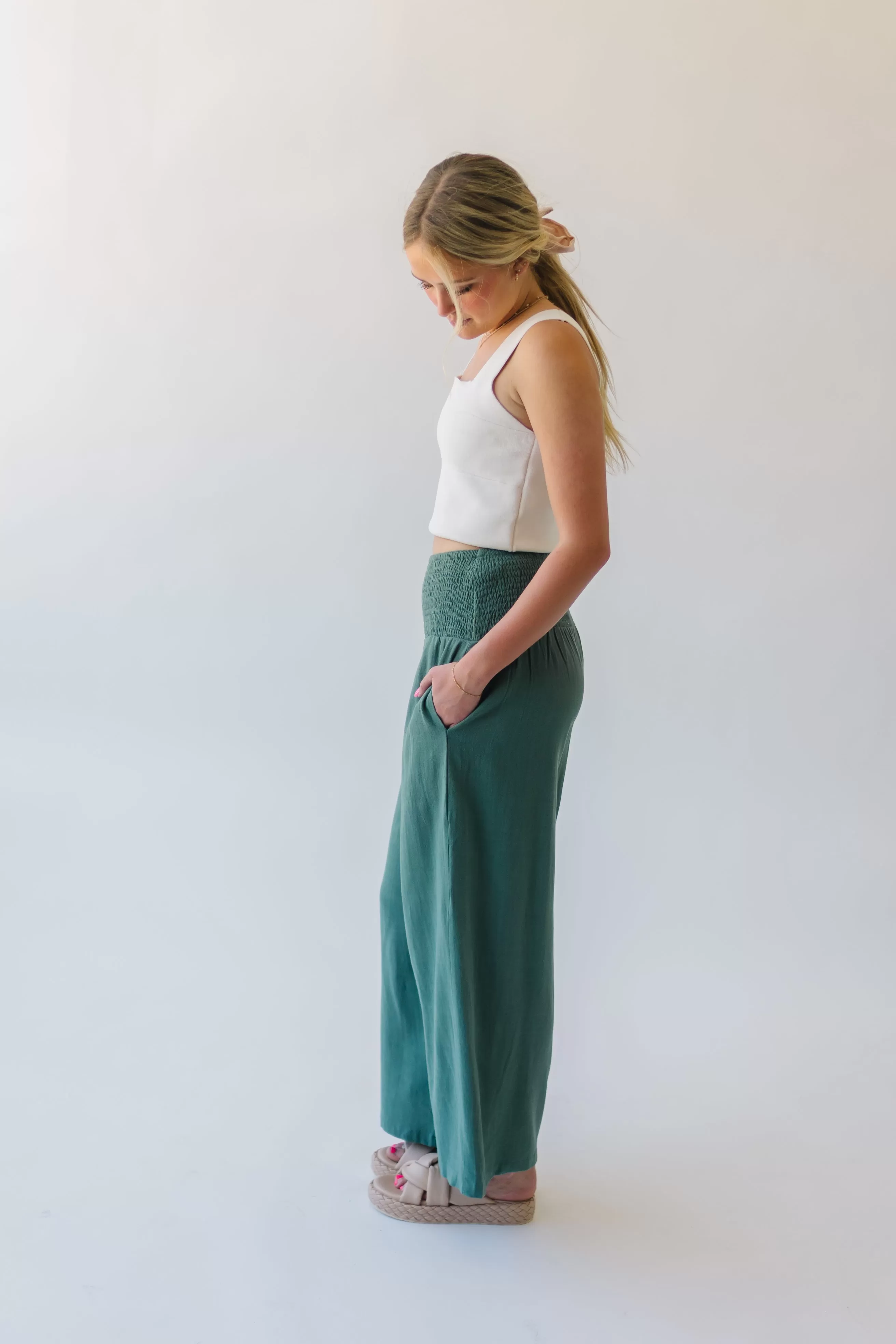 The Leawood Smocked Detail Pant in Sage Linen