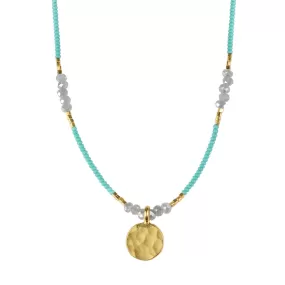 Turquoise Seed Bead Necklace with Grey Quartz & Gold Disc Drop