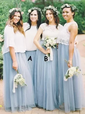 Two Piece Round Neck Half Sleeves Blue Tulle Bridesmaid Dress