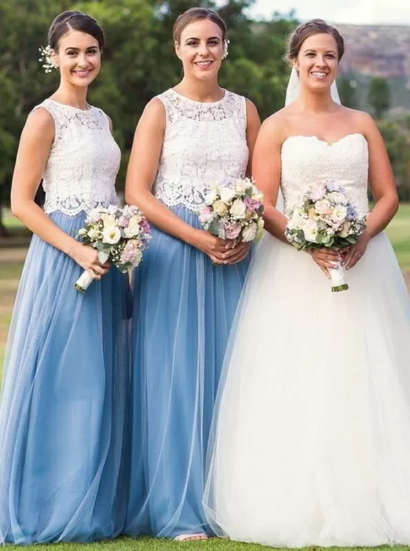 Two Piece Round Neck Half Sleeves Blue Tulle Bridesmaid Dress