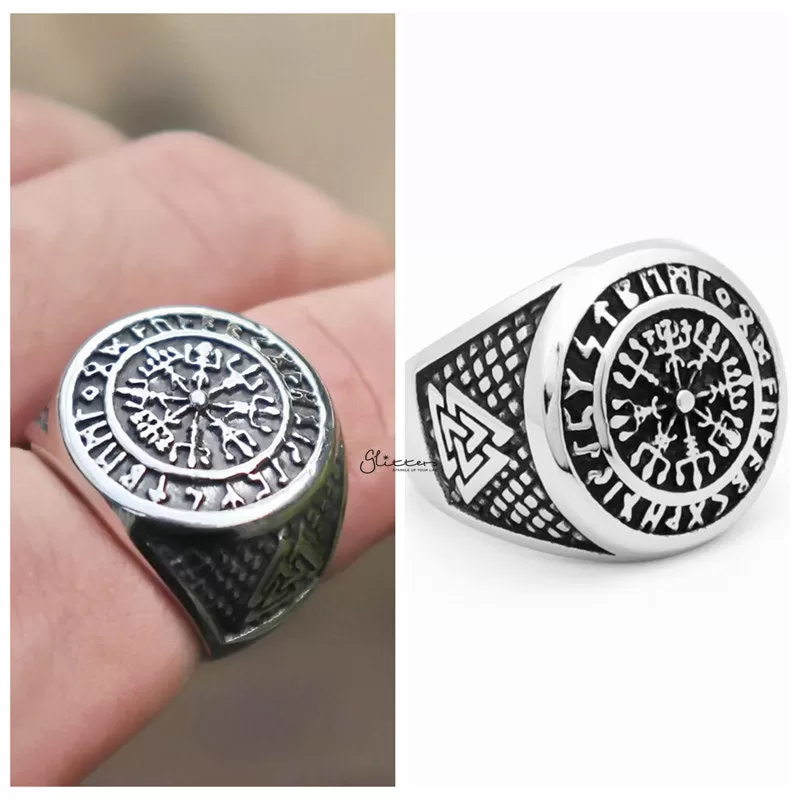 Viking Compass Stainless Steel Ring with Valknut Symbols