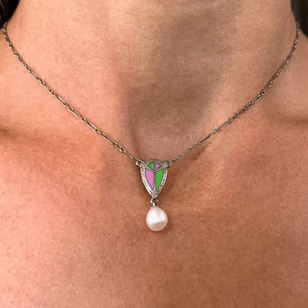 Vintage Enamel & Pearl Drop Necklace