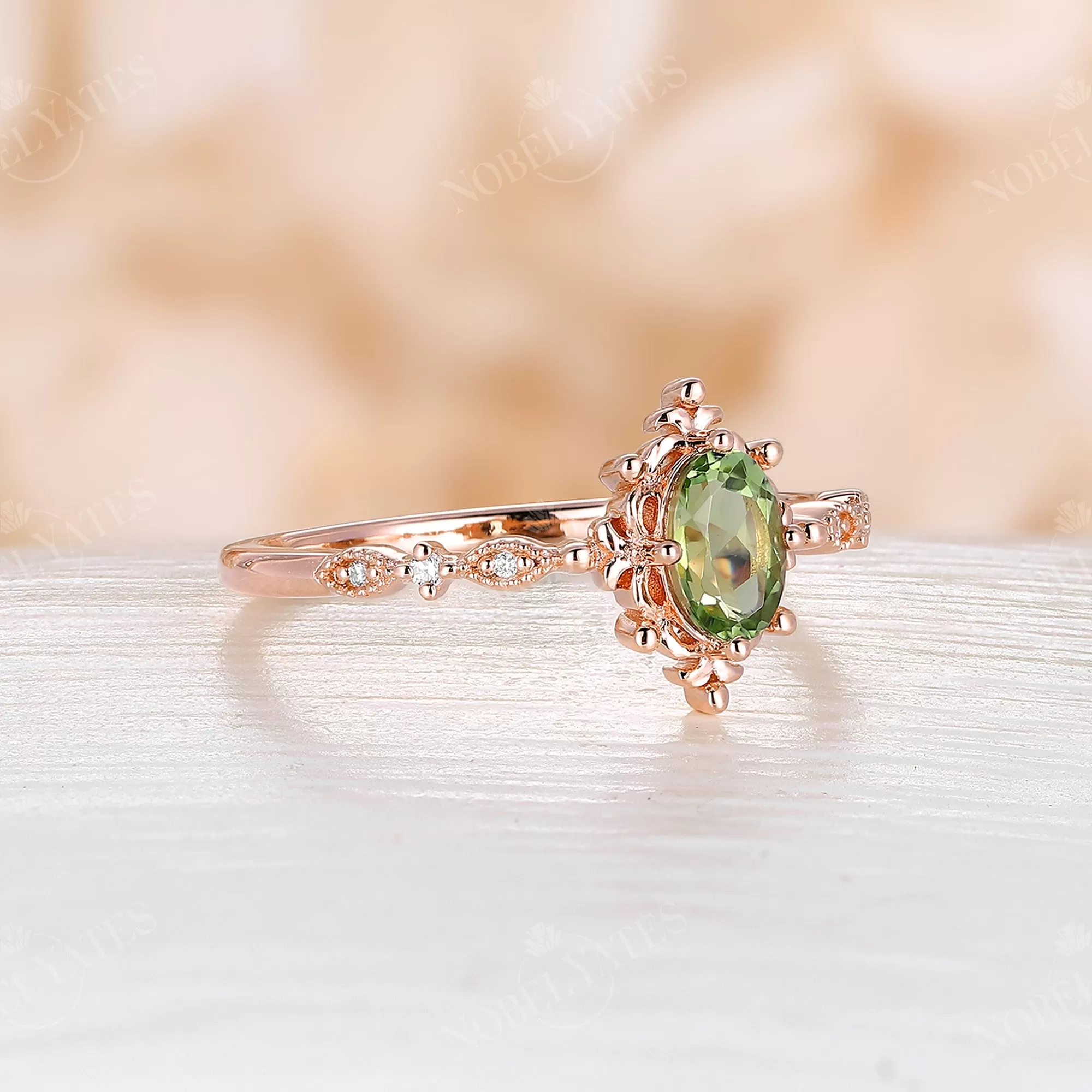 Vintage Oval Peridot Milgrain Engagement Ring Rose Gold