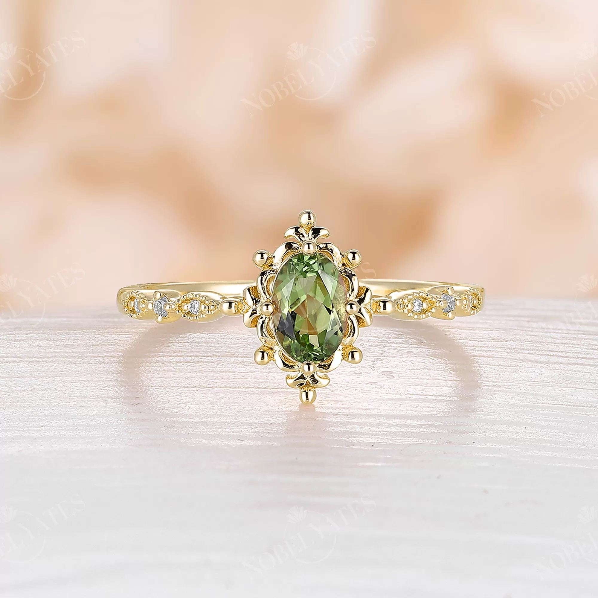 Vintage Oval Peridot Milgrain Engagement Ring Rose Gold