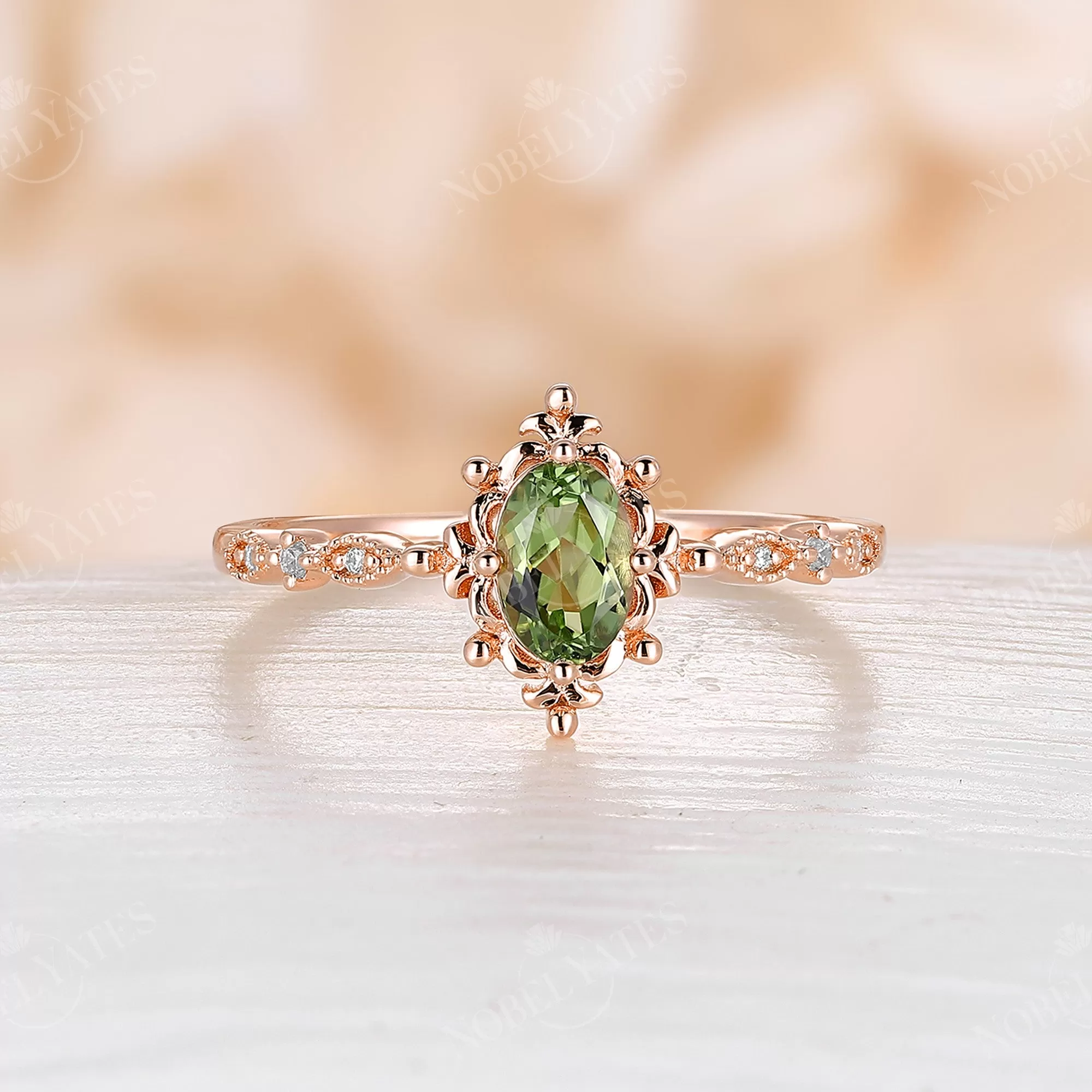 Vintage Oval Peridot Milgrain Engagement Ring Rose Gold