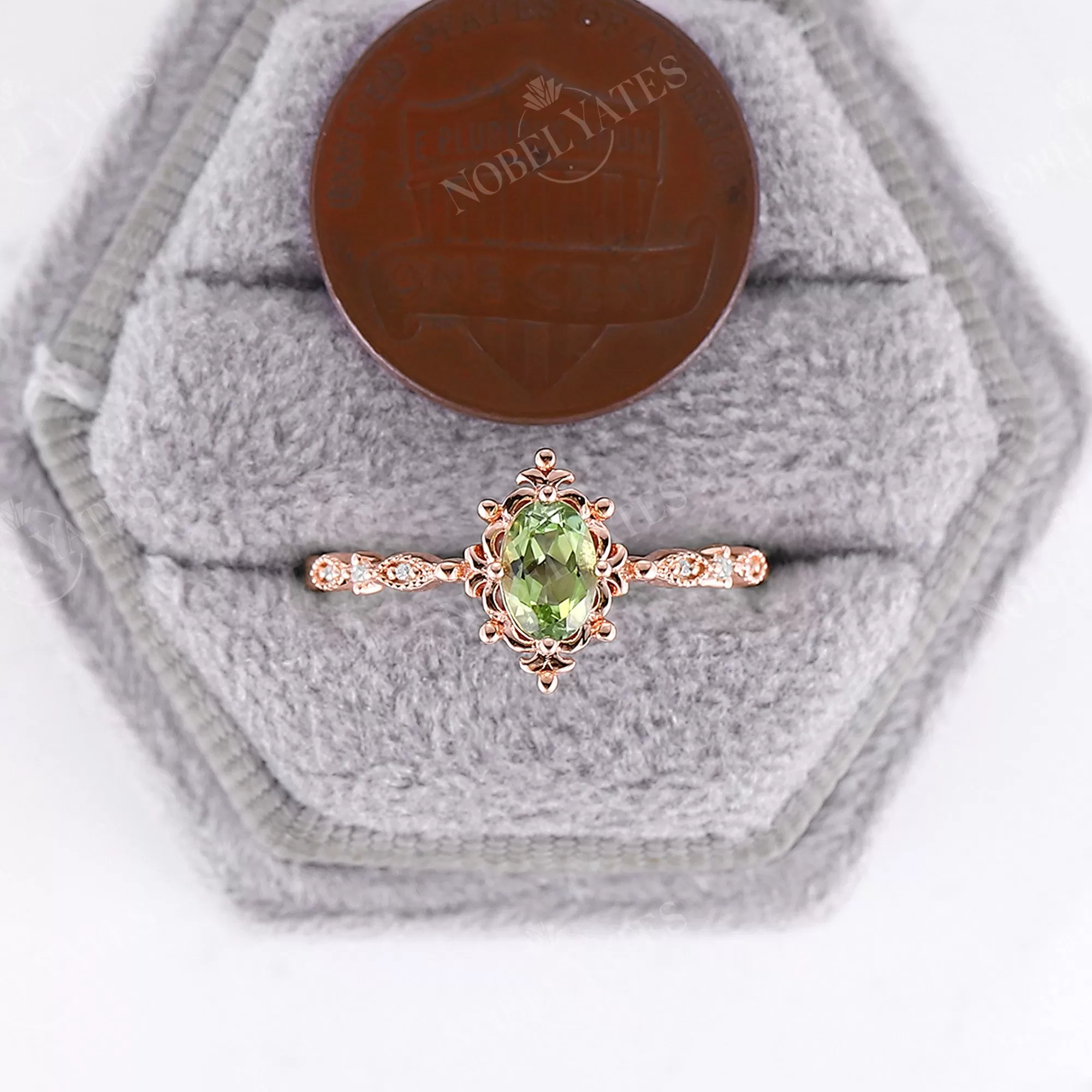 Vintage Oval Peridot Milgrain Engagement Ring Rose Gold