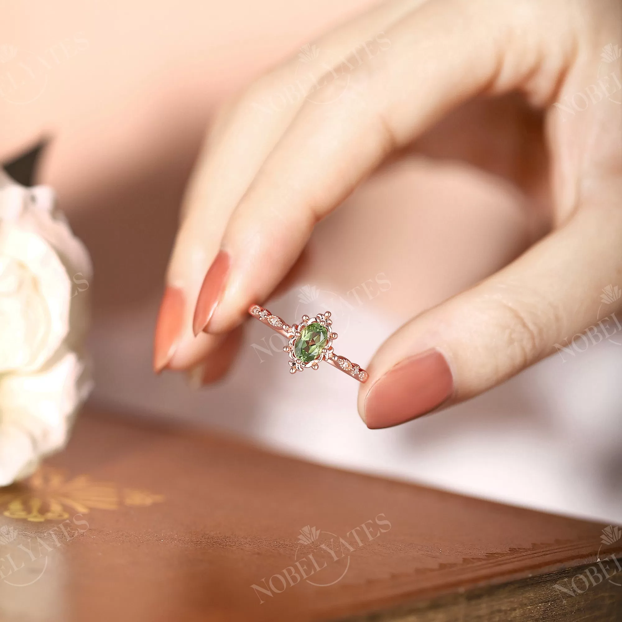 Vintage Oval Peridot Milgrain Engagement Ring Rose Gold