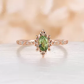 Vintage Oval Peridot Milgrain Engagement Ring Rose Gold