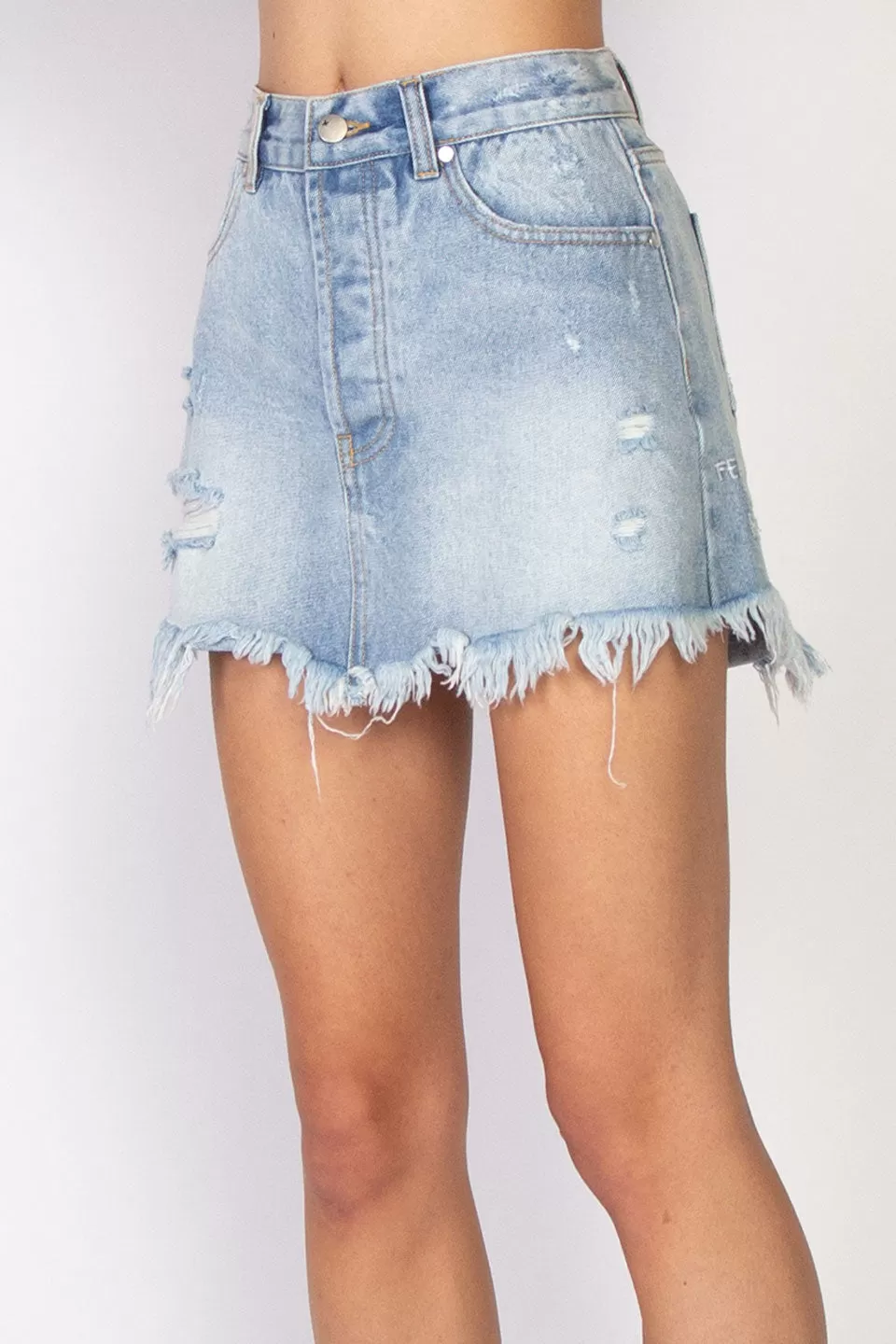 Welcome Distressed Washed Blue Denim Skirt