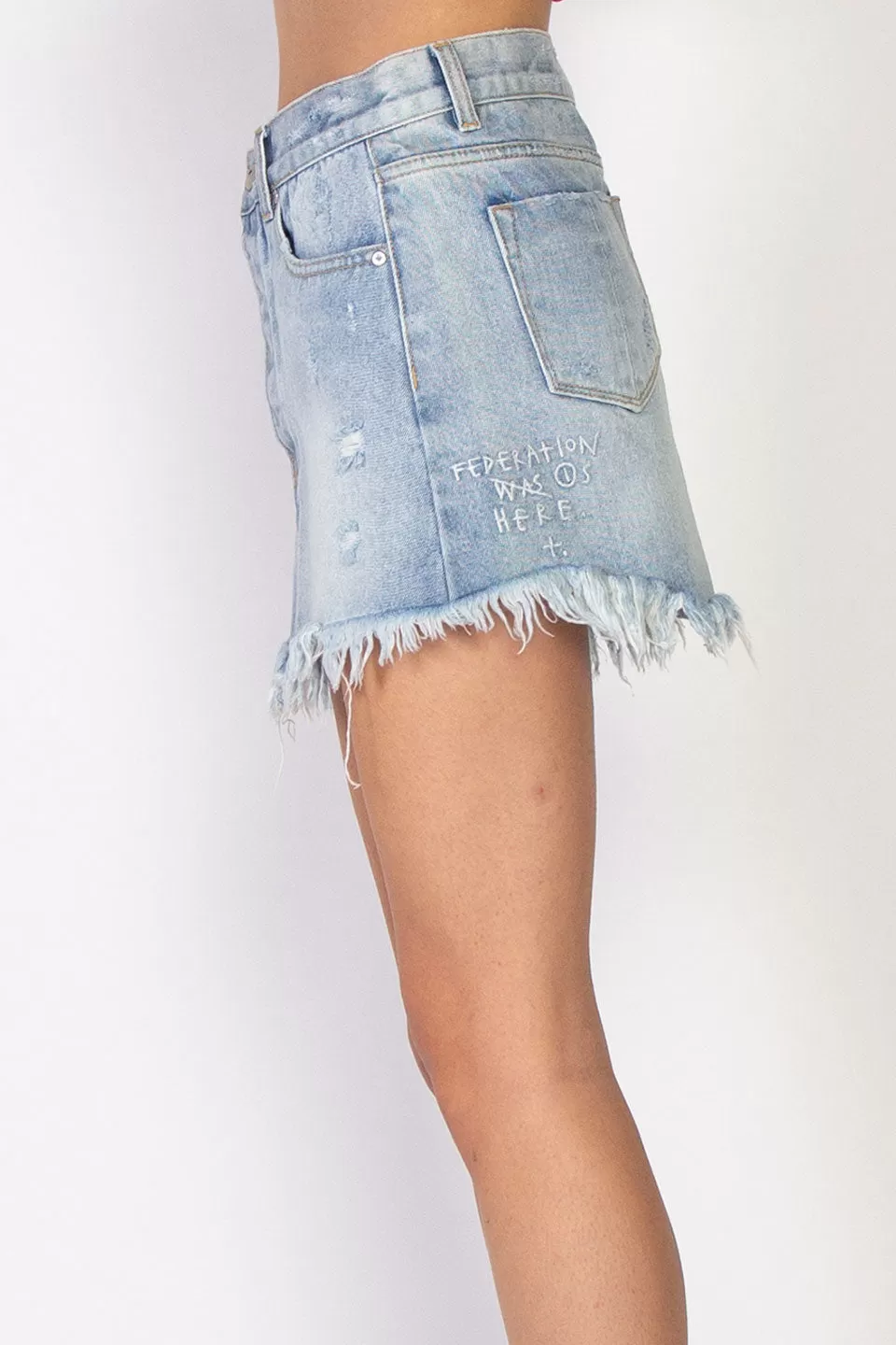 Welcome Distressed Washed Blue Denim Skirt