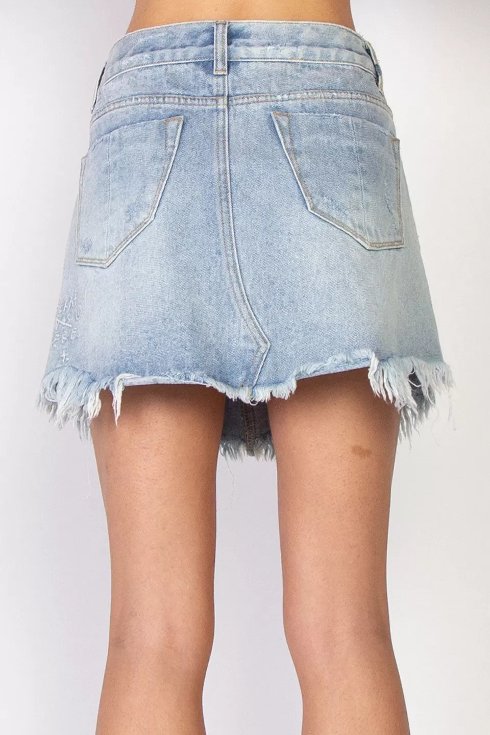 Welcome Distressed Washed Blue Denim Skirt