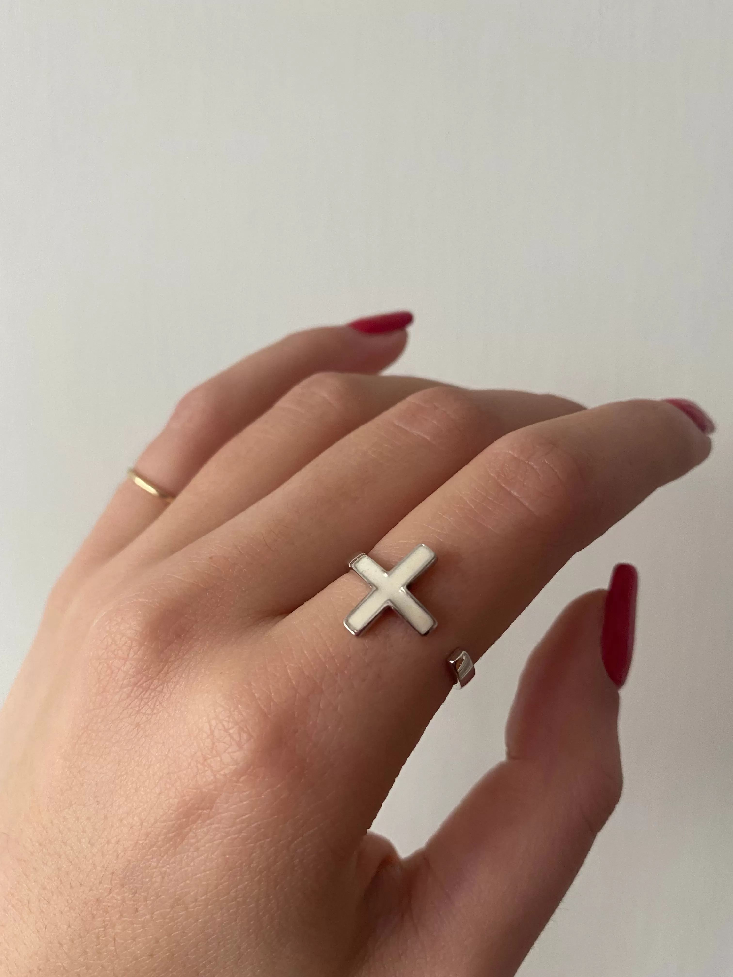 White Adjustable Cross Ring