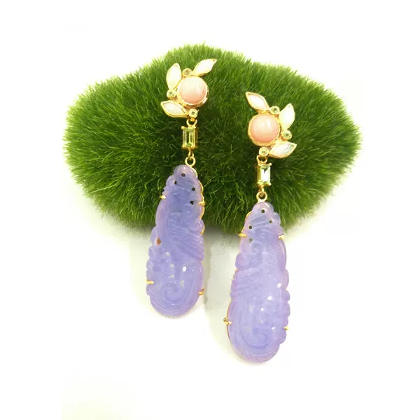 White Opal, Peridot & Pink Opal Stud with Peridot  & Carved Lavander Jade Twinset Earrings