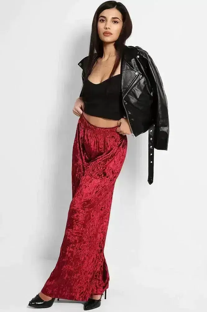 Wine Crushed Pleated Velvet Wide Leg Trousers