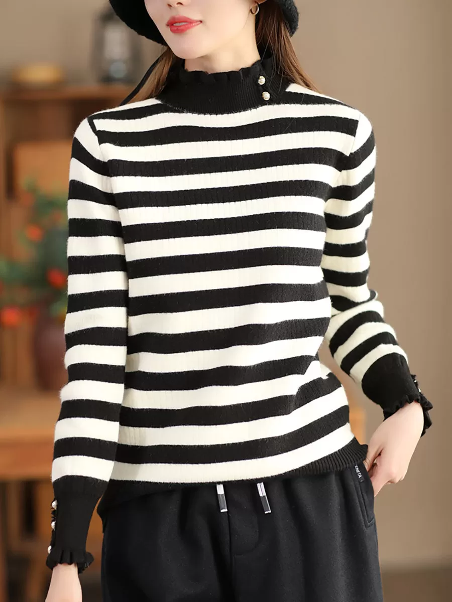 Women Casual Winter Stripe Knitted Lacework Sweater