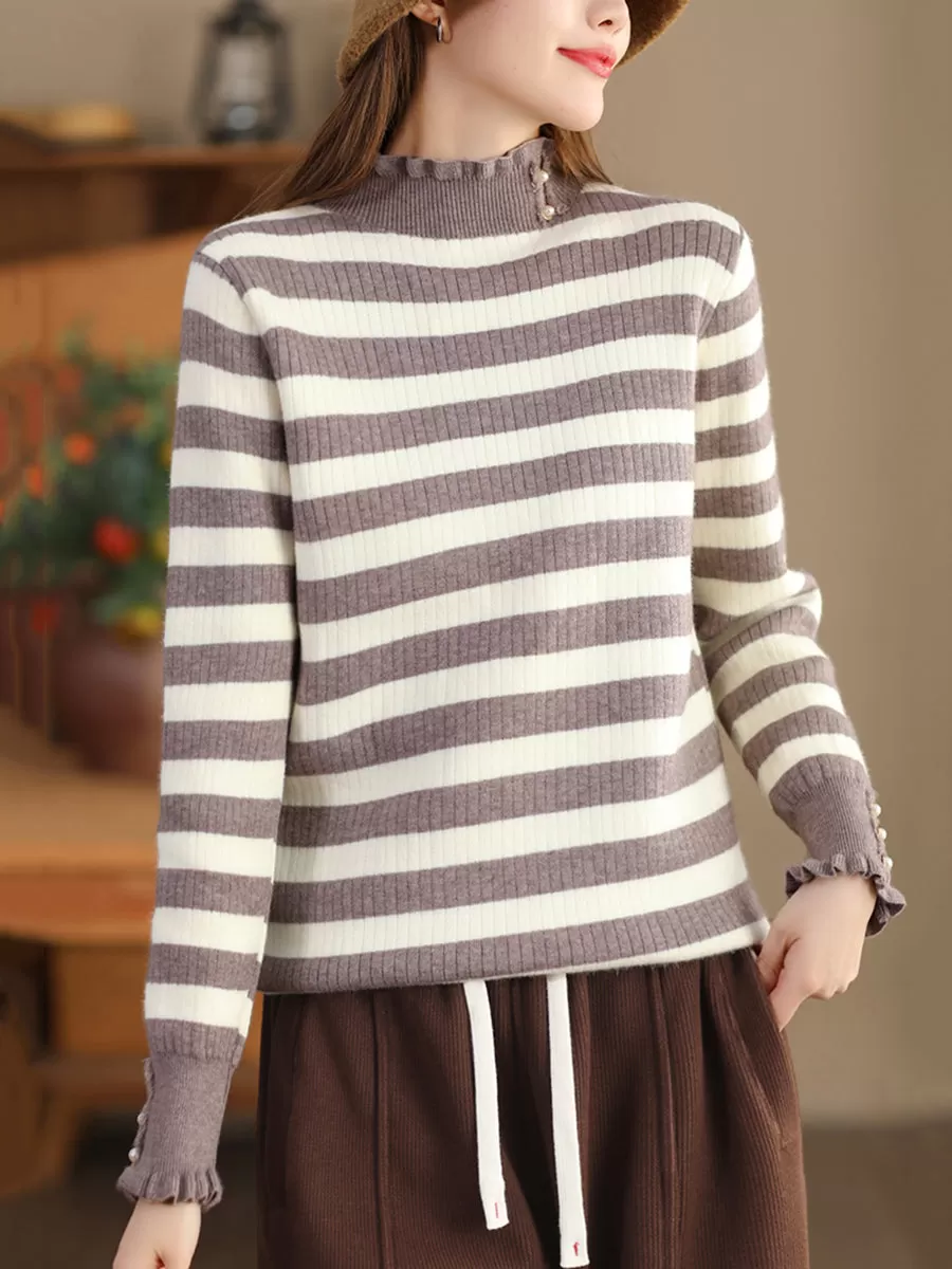 Women Casual Winter Stripe Knitted Lacework Sweater