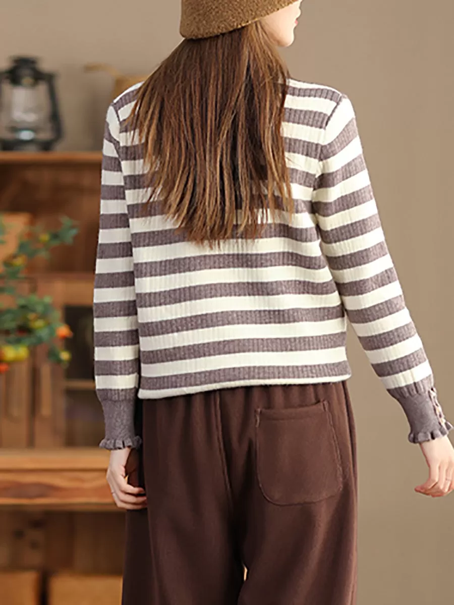 Women Casual Winter Stripe Knitted Lacework Sweater