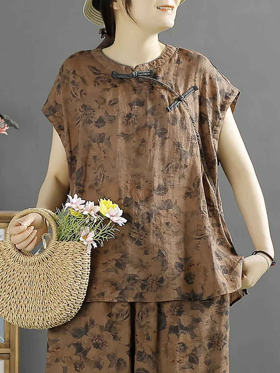 Women Ethnic Summer Floral Buckle 100%Ramie Shirt KL1007