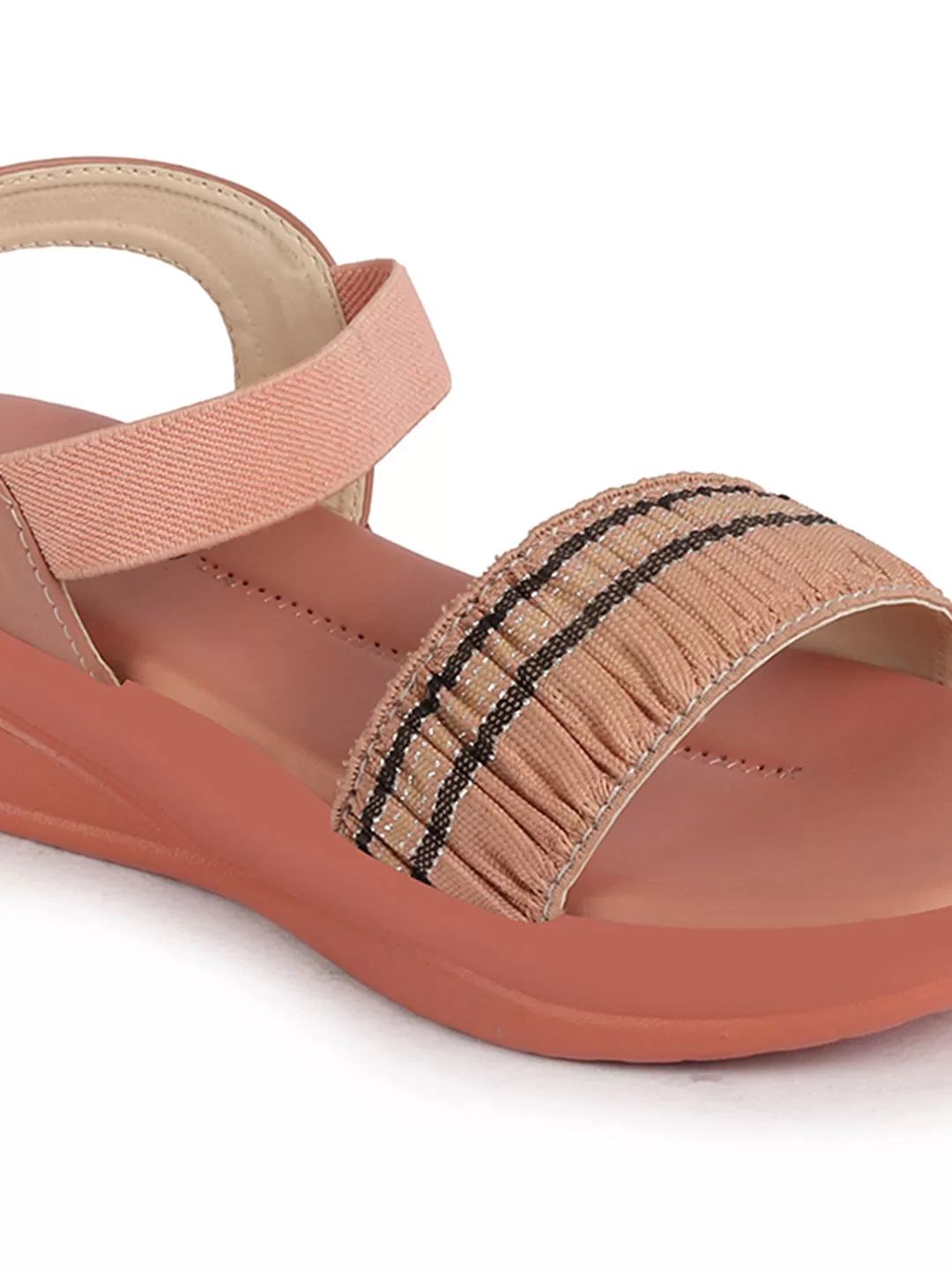 Women Pink Open Toe Multi Color Strap Platform Woven Design Slip On Sandals