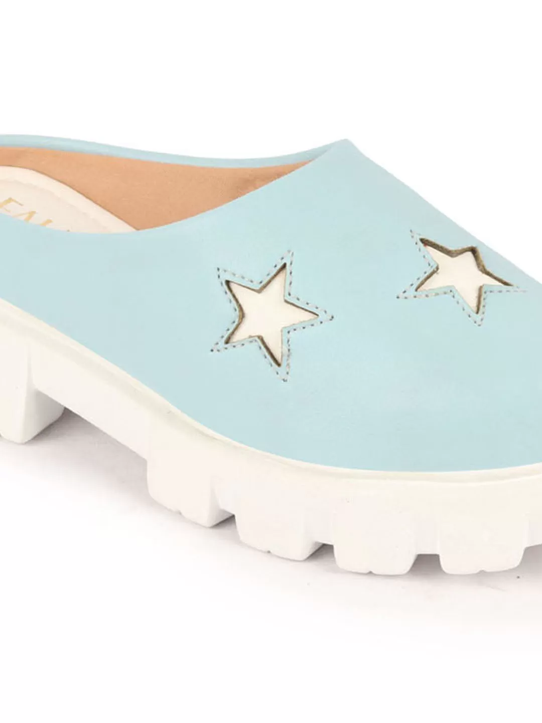 Women Sky Blue Laser Cut Star Open Back Height Enhancer Slip On Casual Shoes