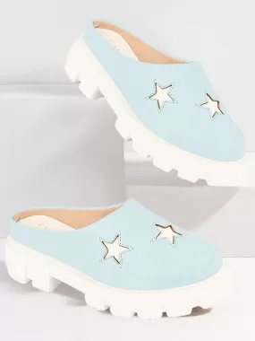 Women Sky Blue Laser Cut Star Open Back Height Enhancer Slip On Casual Shoes