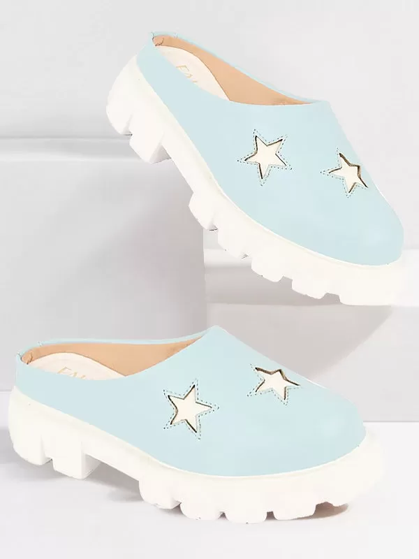 Women Sky Blue Laser Cut Star Open Back Height Enhancer Slip On Casual Shoes