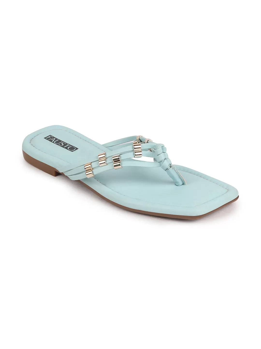 Women Sky Blue Party Wedding T-Strap Thong Slip On Flats Slippers