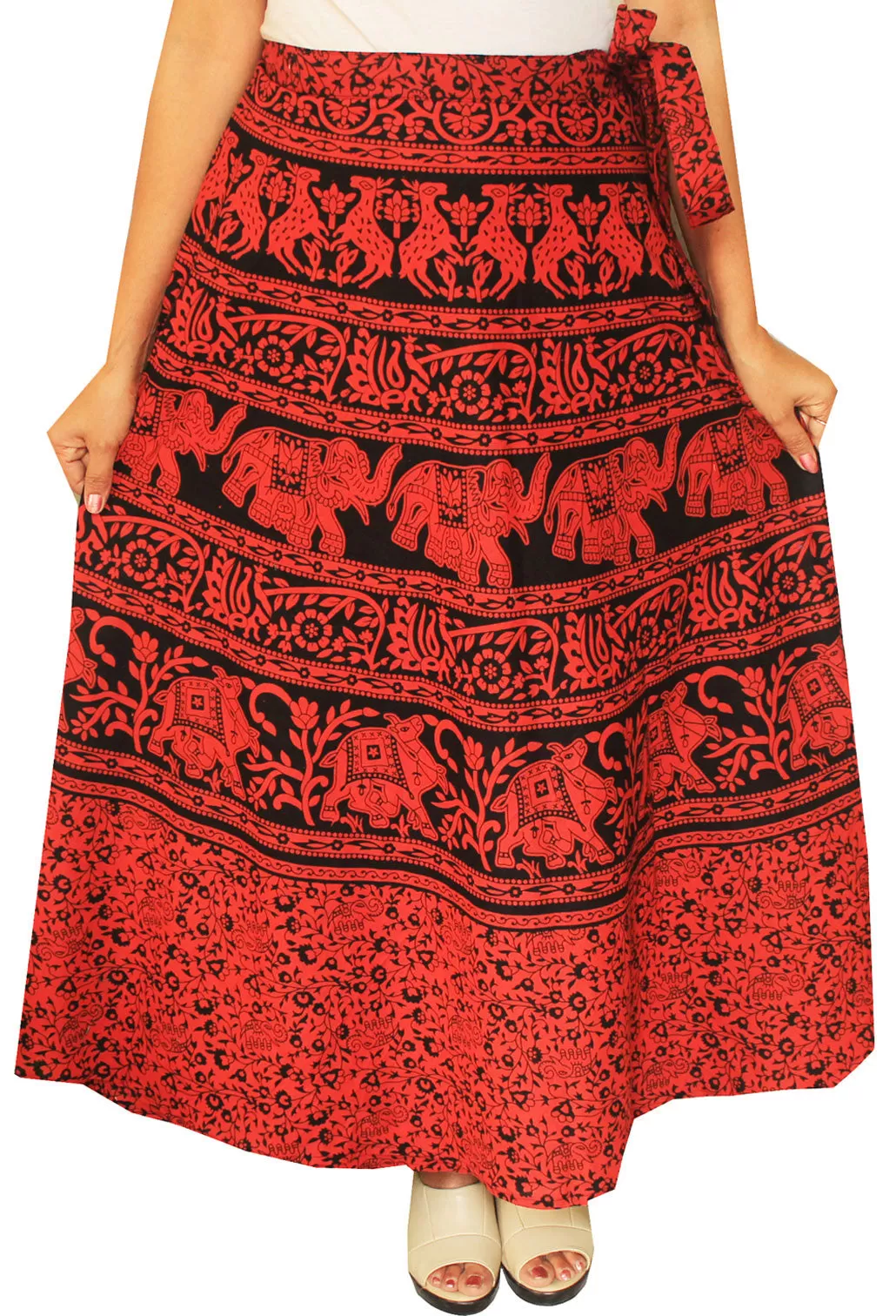 Womens Long Skirt Wrap Around Printed Cotton India Clothes (Red)