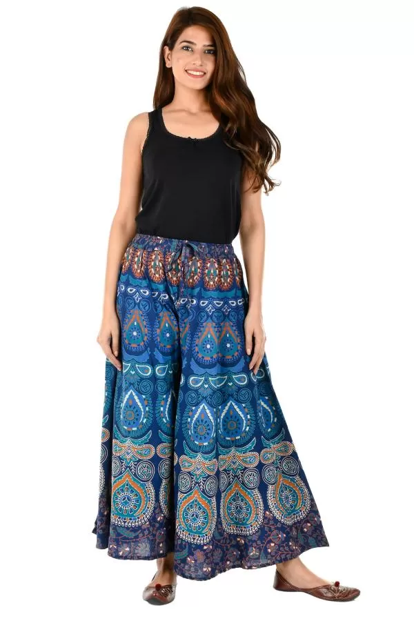 Women's Multicolor Hand Block Print Jaipuri Palazzo Pants - Blue