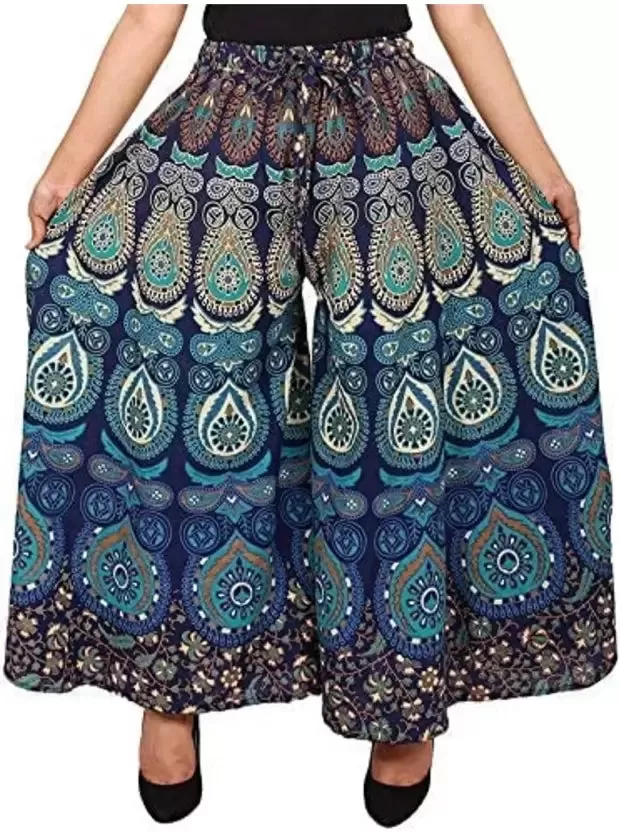 Women's Multicolor Hand Block Print Jaipuri Palazzo Pants - Blue