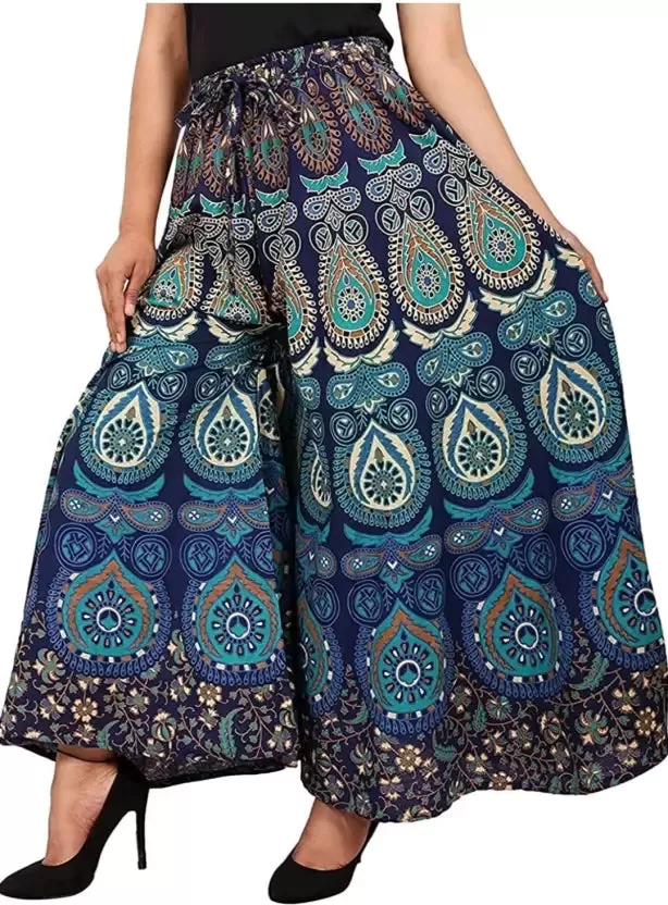 Women's Multicolor Hand Block Print Jaipuri Palazzo Pants - Blue